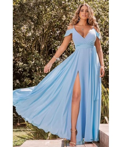 Women's Off Shoulder Long Bridesmaid Dresses Chiffon V Neck Formal Dress with Slit Wedding Party Gowns Teal $22.00 Dresses