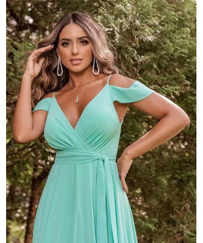 Women's Off Shoulder Long Bridesmaid Dresses Chiffon V Neck Formal Dress with Slit Wedding Party Gowns Teal $22.00 Dresses