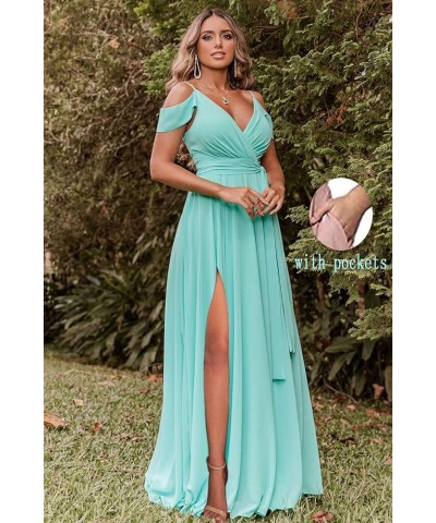 Women's Off Shoulder Long Bridesmaid Dresses Chiffon V Neck Formal Dress with Slit Wedding Party Gowns Teal $22.00 Dresses