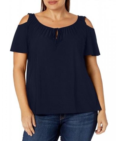 Women's Plus-Size Short-Sleeve Cold-Shoulder Peasant Top, Navy, 3X $11.27 Tops