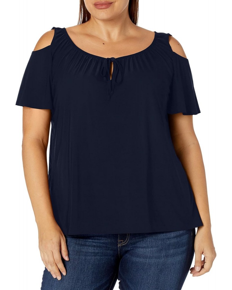 Women's Plus-Size Short-Sleeve Cold-Shoulder Peasant Top, Navy, 3X $11.27 Tops