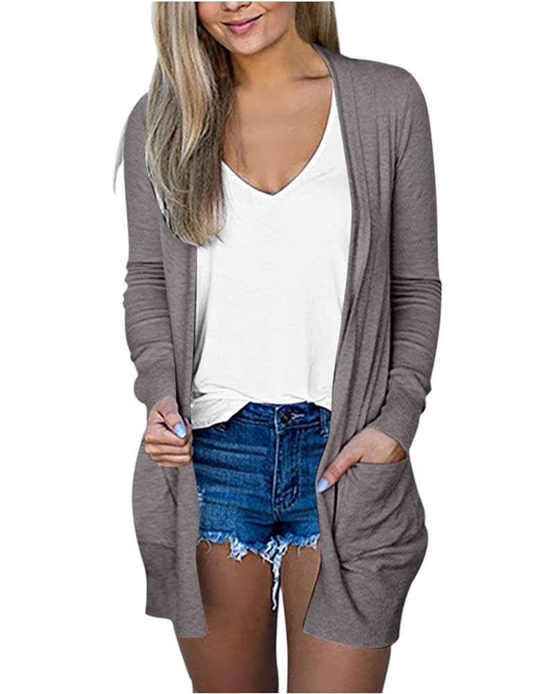 Women's Open Front Cardigans Casual Long Sleeve Classic Knit Sweater Outerwear with Pockets V-neck Coat Blouses Gray $10.07 S...