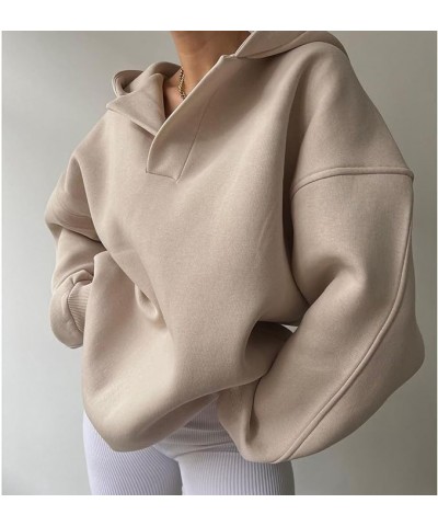 Warm Fall Hoodies for Women Polo Oversized Hoodie Loose Casual Plain Hooded Sweatshirts Apricot $15.19 Hoodies & Sweatshirts