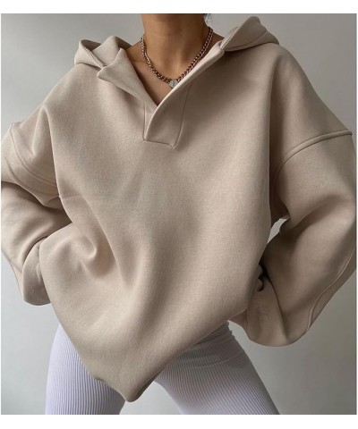 Warm Fall Hoodies for Women Polo Oversized Hoodie Loose Casual Plain Hooded Sweatshirts Apricot $15.19 Hoodies & Sweatshirts