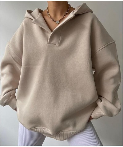 Warm Fall Hoodies for Women Polo Oversized Hoodie Loose Casual Plain Hooded Sweatshirts Apricot $15.19 Hoodies & Sweatshirts