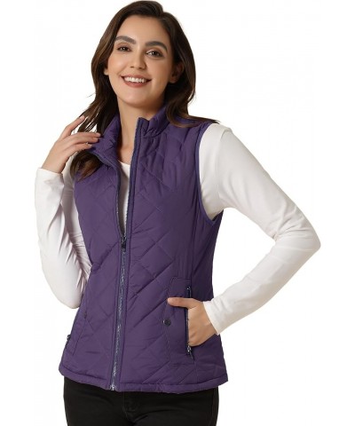 Women's Puffer Vest Stand Collar Lightweight Gilet Quilted Zip Vest Purple $15.20 Vests