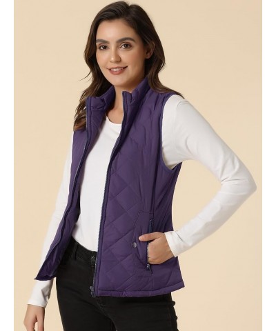 Women's Puffer Vest Stand Collar Lightweight Gilet Quilted Zip Vest Purple $15.20 Vests