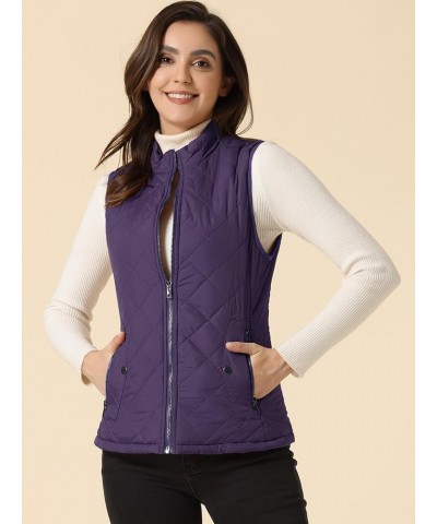 Women's Puffer Vest Stand Collar Lightweight Gilet Quilted Zip Vest Purple $15.20 Vests