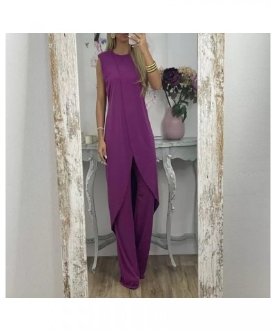 7 Colors Jersey Mature Women Suit,Women's Sleeveless Slit Hem Shirt Wide-Leg Pants Two-Piece Set,Plain Lace Elegan Suits Dark...