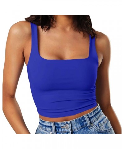 Women's Sleeveless Strappy Tank Square Neck Double Layer Workout Fitness Casual Basic Crop Tops Royal Blue $14.74 Tanks