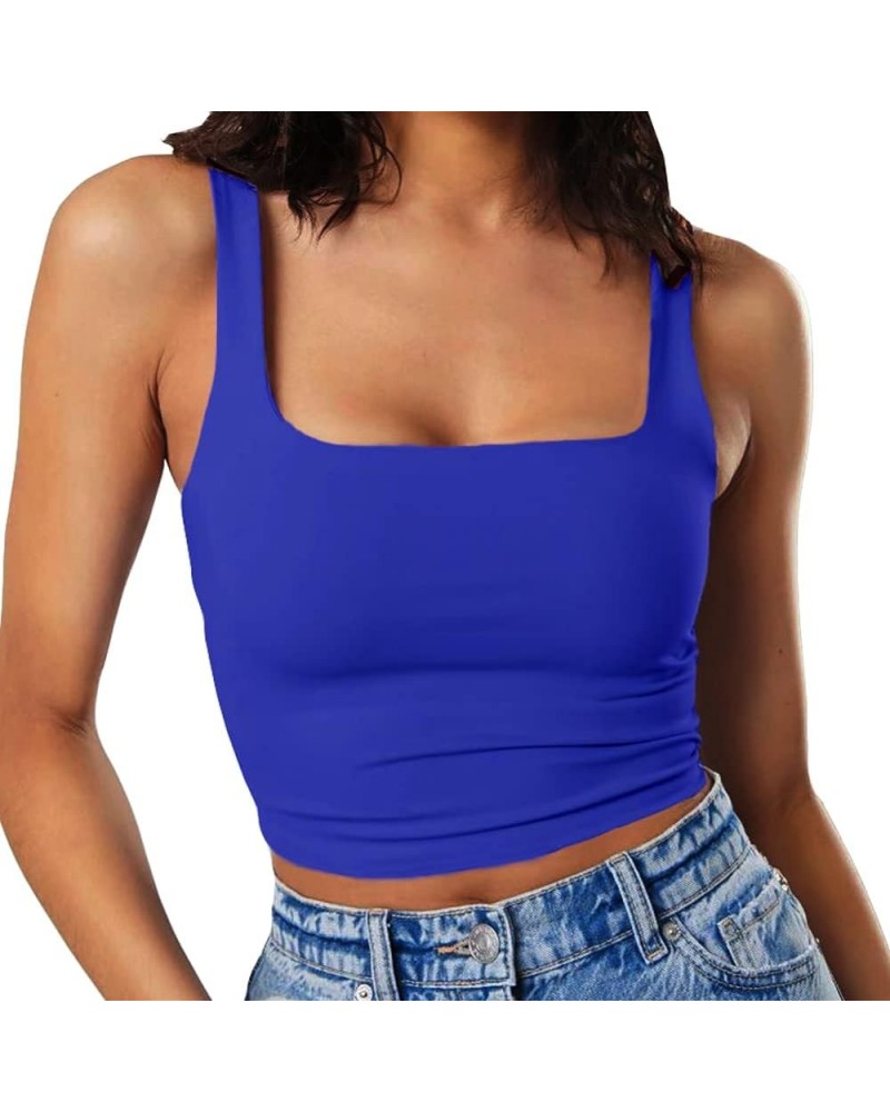 Women's Sleeveless Strappy Tank Square Neck Double Layer Workout Fitness Casual Basic Crop Tops Royal Blue $14.74 Tanks