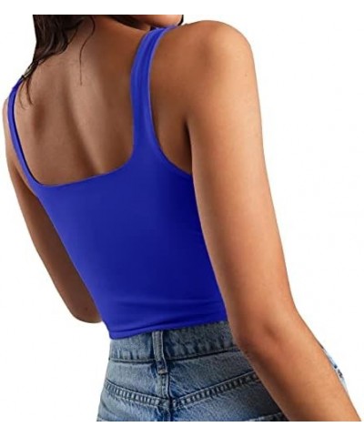 Women's Sleeveless Strappy Tank Square Neck Double Layer Workout Fitness Casual Basic Crop Tops Royal Blue $14.74 Tanks