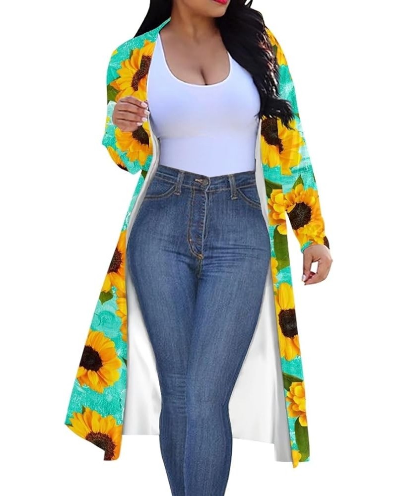 Women Length Open Front Drape Cardigan, Long Sleeved Length Cardigan Cloak Beach Cover Up Poncho 3d Sunflowers $17.59 Sweaters