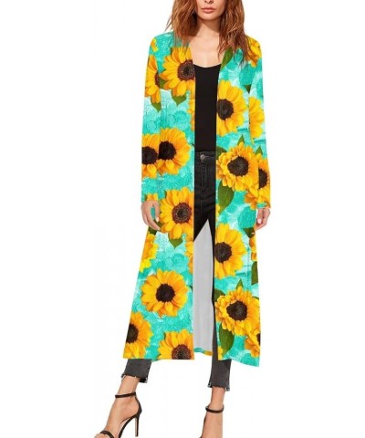 Women Length Open Front Drape Cardigan, Long Sleeved Length Cardigan Cloak Beach Cover Up Poncho 3d Sunflowers $17.59 Sweaters