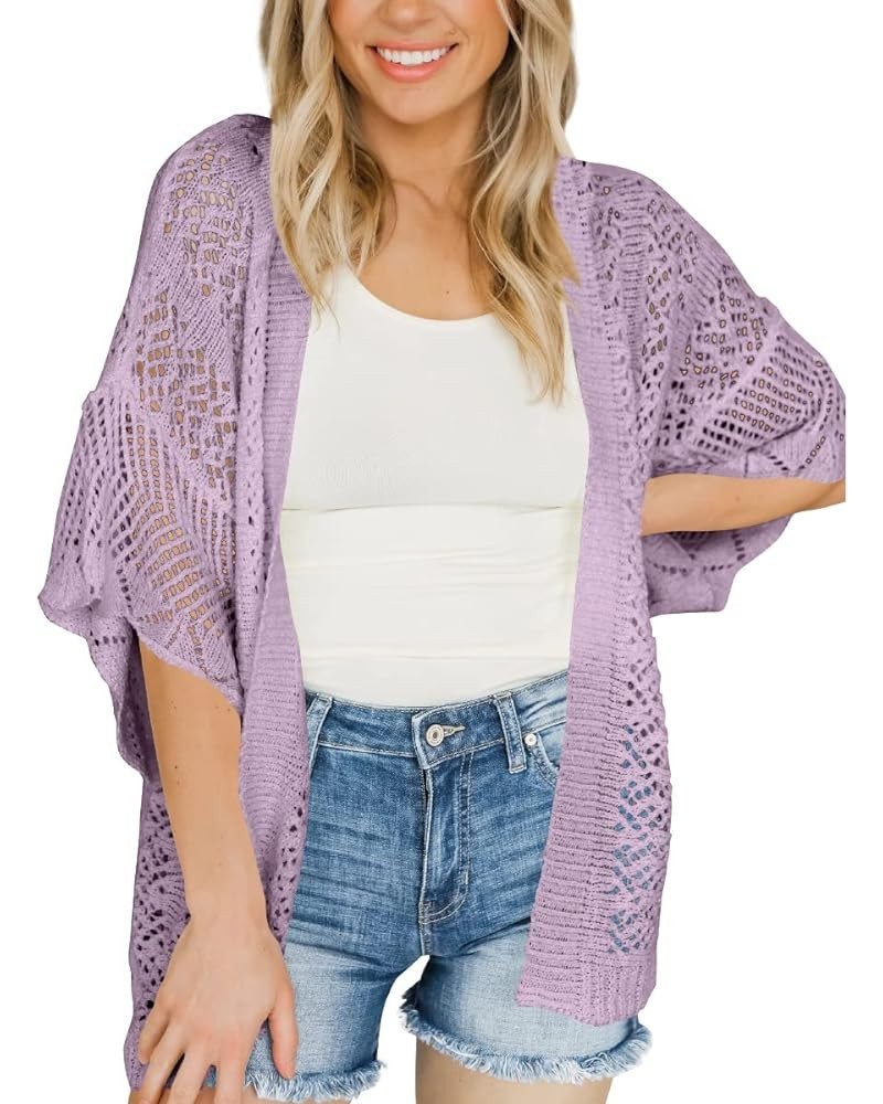 Women's Crochet Open Front Cardigan 3/4 Bell Sleeve Soft Oversized Knitted Sweater Outerwear Cover Up Coat Purple $14.80 Swea...