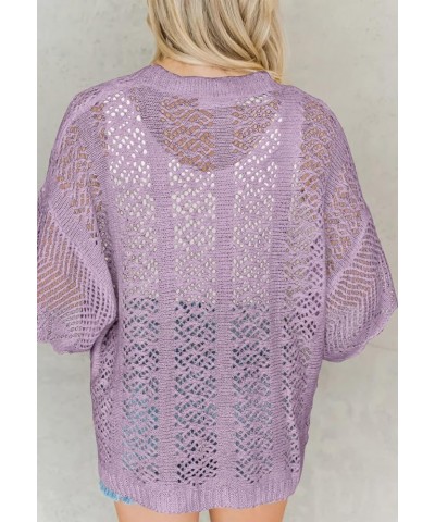 Women's Crochet Open Front Cardigan 3/4 Bell Sleeve Soft Oversized Knitted Sweater Outerwear Cover Up Coat Purple $14.80 Swea...