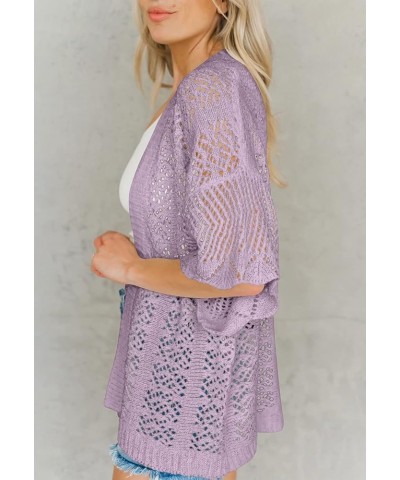 Women's Crochet Open Front Cardigan 3/4 Bell Sleeve Soft Oversized Knitted Sweater Outerwear Cover Up Coat Purple $14.80 Swea...