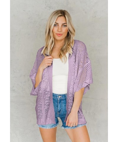 Women's Crochet Open Front Cardigan 3/4 Bell Sleeve Soft Oversized Knitted Sweater Outerwear Cover Up Coat Purple $14.80 Swea...