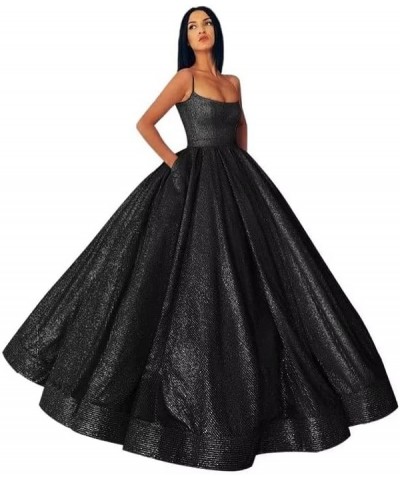 Long Spaghetti Straps Prom Dress with Pockets A Line Glitter Satin Ball Gown Quinceanera Dresses for Women Black $48.59 Dresses