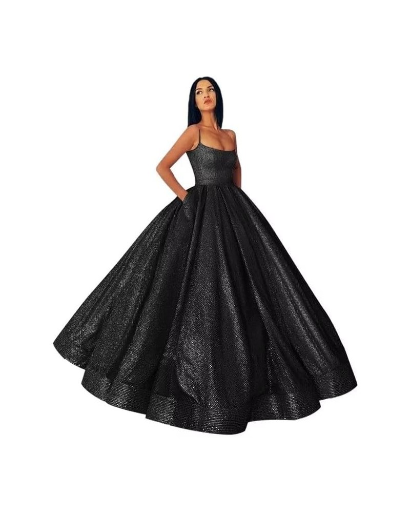 Long Spaghetti Straps Prom Dress with Pockets A Line Glitter Satin Ball Gown Quinceanera Dresses for Women Black $48.59 Dresses