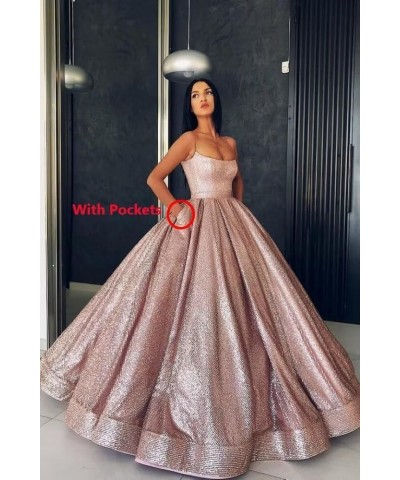 Long Spaghetti Straps Prom Dress with Pockets A Line Glitter Satin Ball Gown Quinceanera Dresses for Women Black $48.59 Dresses