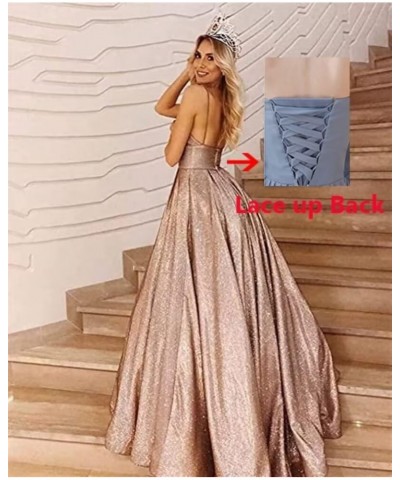 Long Spaghetti Straps Prom Dress with Pockets A Line Glitter Satin Ball Gown Quinceanera Dresses for Women Black $48.59 Dresses