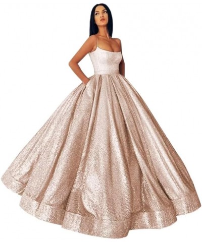 Long Spaghetti Straps Prom Dress with Pockets A Line Glitter Satin Ball Gown Quinceanera Dresses for Women Black $48.59 Dresses