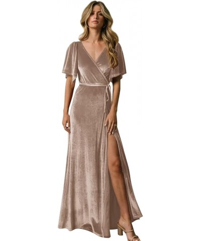 Long Velvet Bridesmaid Dresses V Neck Flutter Sleeve Formal Evening Gowns with Slit Short Sleeve-khaki $29.44 Dresses