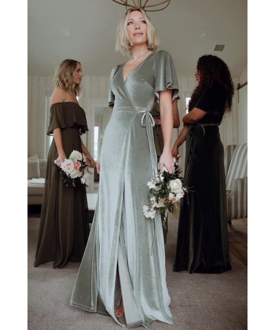 Long Velvet Bridesmaid Dresses V Neck Flutter Sleeve Formal Evening Gowns with Slit Short Sleeve-khaki $29.44 Dresses