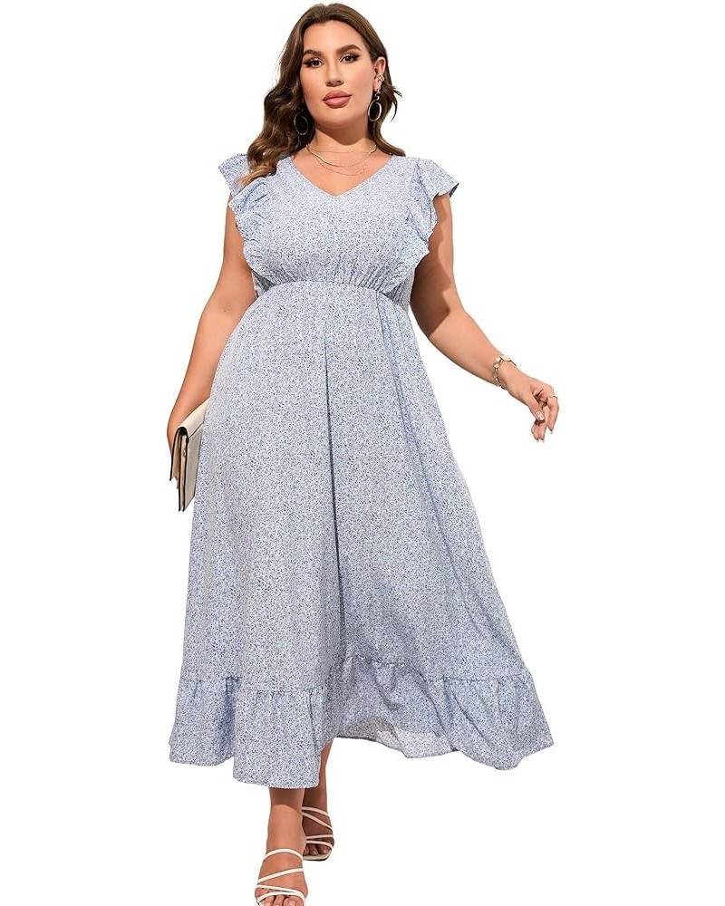 Women's Plus Size Summer Dress with Pocket Ruffle Cap Sleeveless V Neck Side Split Long Beach Maxi Dress Blue Purple Flower-1...