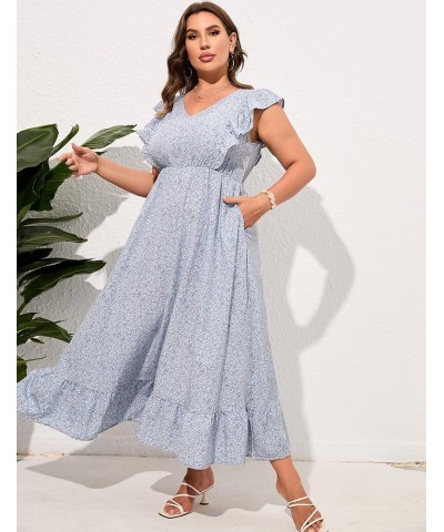 Women's Plus Size Summer Dress with Pocket Ruffle Cap Sleeveless V Neck Side Split Long Beach Maxi Dress Blue Purple Flower-1...