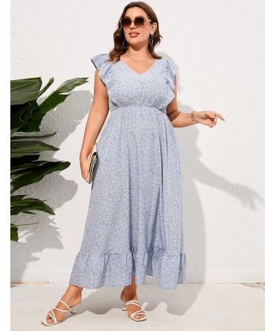 Women's Plus Size Summer Dress with Pocket Ruffle Cap Sleeveless V Neck Side Split Long Beach Maxi Dress Blue Purple Flower-1...