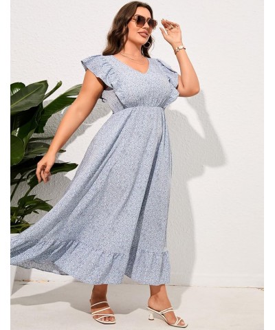 Women's Plus Size Summer Dress with Pocket Ruffle Cap Sleeveless V Neck Side Split Long Beach Maxi Dress Blue Purple Flower-1...