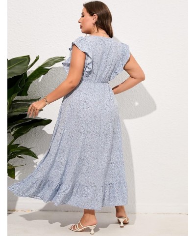 Women's Plus Size Summer Dress with Pocket Ruffle Cap Sleeveless V Neck Side Split Long Beach Maxi Dress Blue Purple Flower-1...