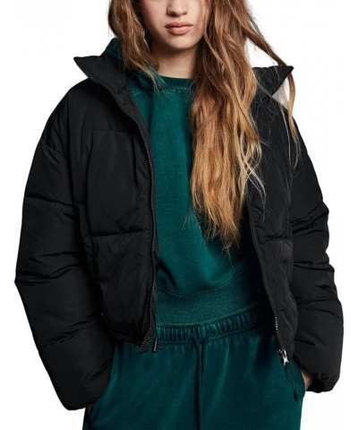 Women's Cropped Puffer Jacket Winter Stand Collar Zip Up Padded Coat Short Warm Quited Jackets Black $11.75 Jackets