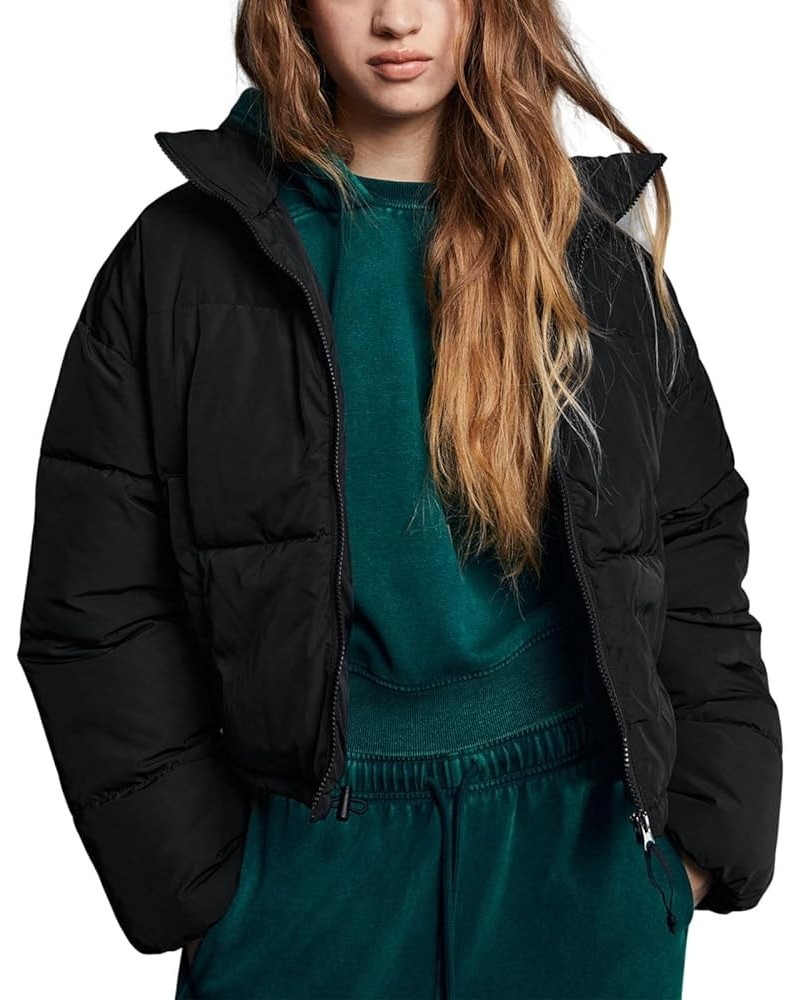 Women's Cropped Puffer Jacket Winter Stand Collar Zip Up Padded Coat Short Warm Quited Jackets Black $11.75 Jackets