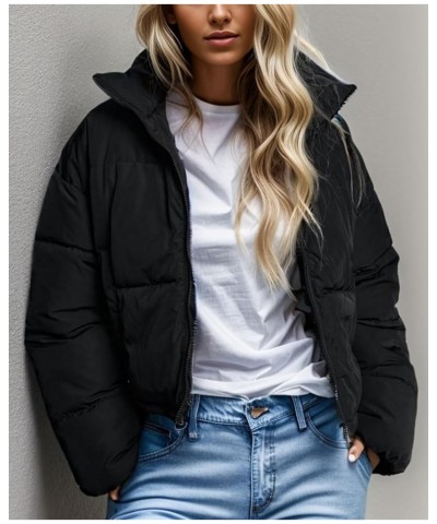 Women's Cropped Puffer Jacket Winter Stand Collar Zip Up Padded Coat Short Warm Quited Jackets Black $11.75 Jackets