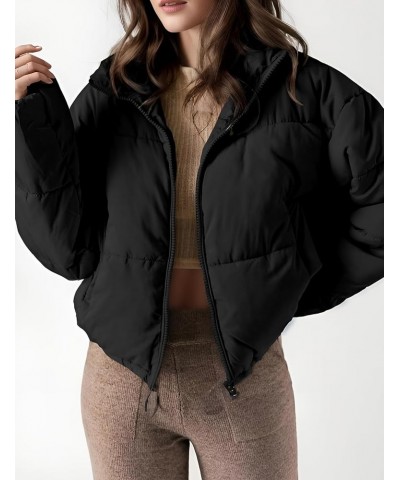 Women's Cropped Puffer Jacket Winter Stand Collar Zip Up Padded Coat Short Warm Quited Jackets Black $11.75 Jackets