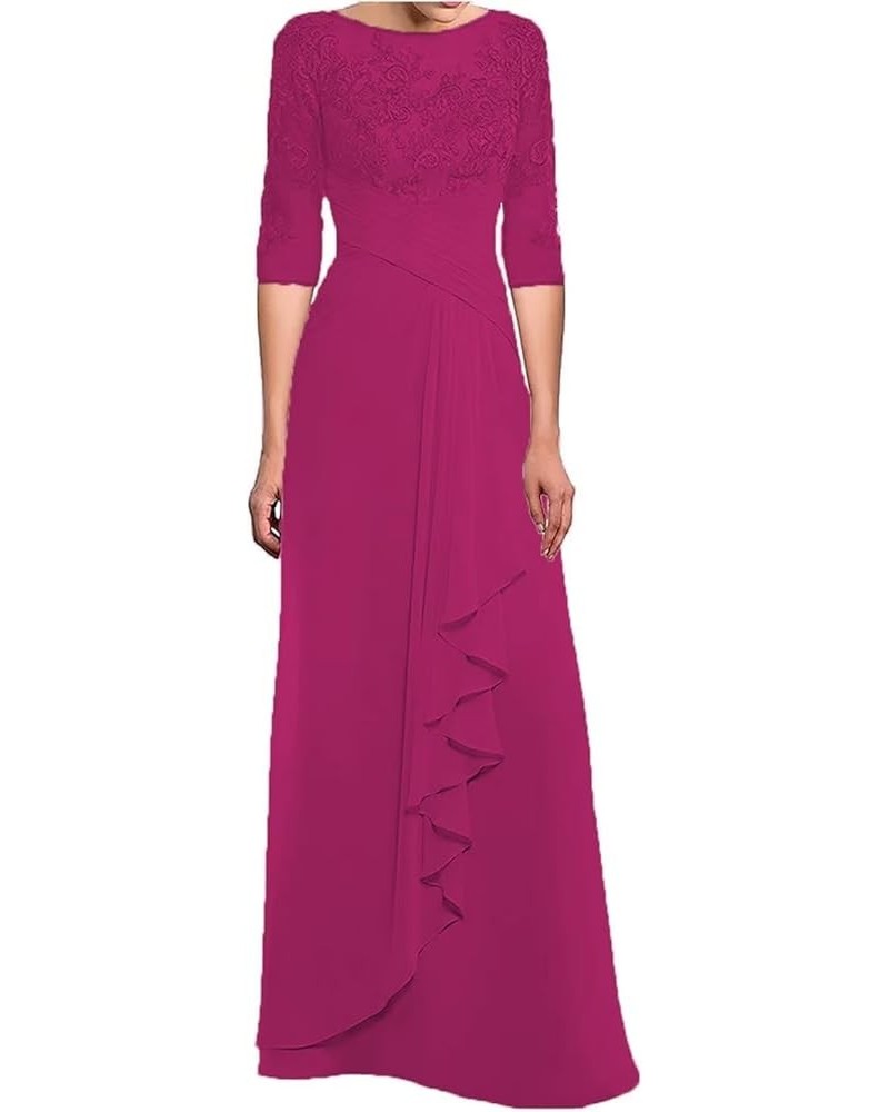 Mother of The Bride Dresses Laces Appliques 3/4 Sleeve Chiffon Ruched Formal Evening Gown for Wedding Fuchsia $46.79 Dresses