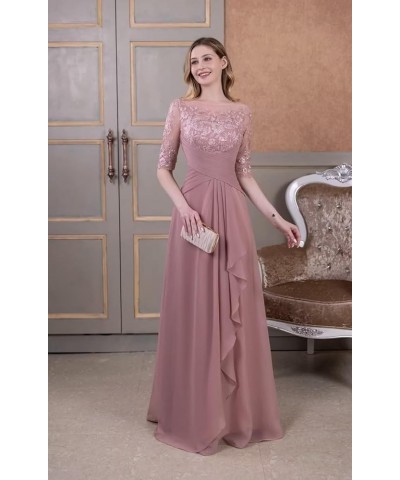 Mother of The Bride Dresses Laces Appliques 3/4 Sleeve Chiffon Ruched Formal Evening Gown for Wedding Fuchsia $46.79 Dresses