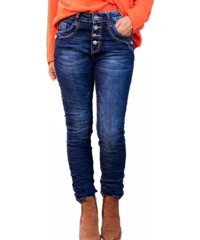 Women's Distressed Stacked Jeans for Women Button Detail Skinny Jeans Trendy Dark Blue $27.50 Jeans