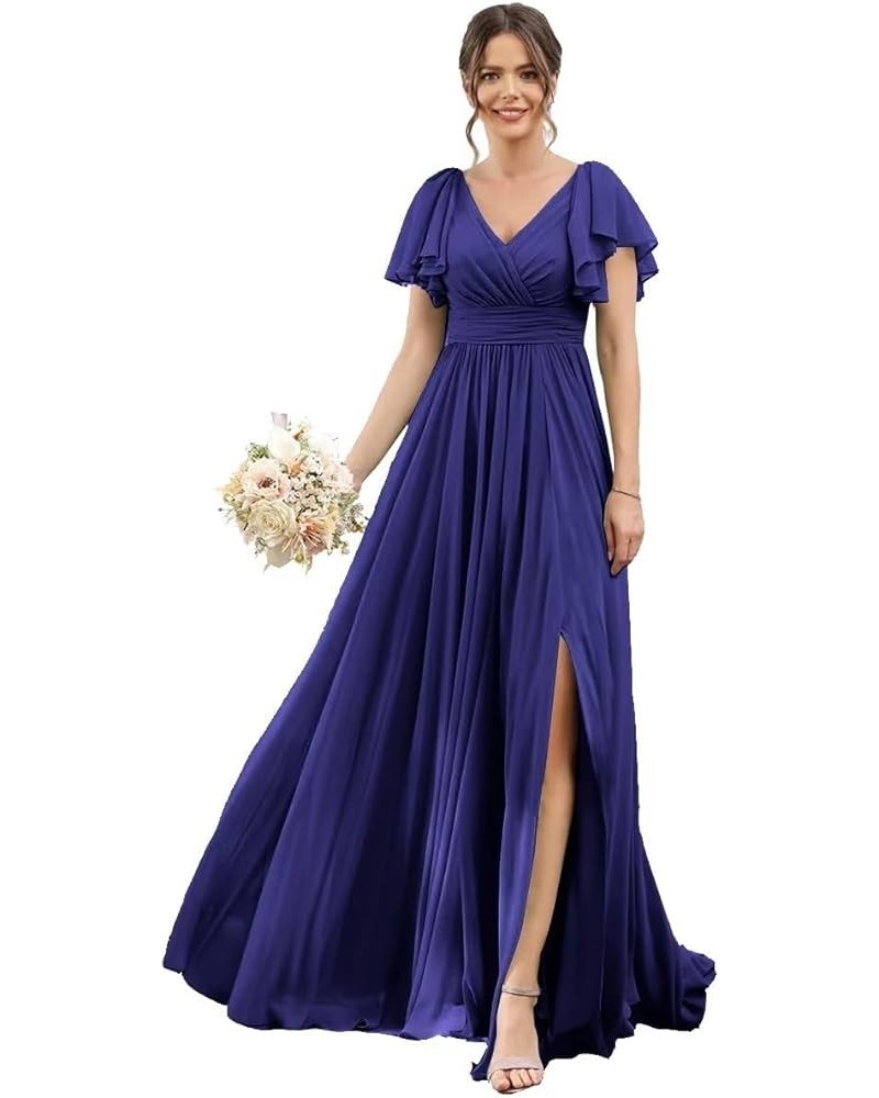 Chiffon Bridesmaid Dresses for Wedding High Slit V Neck Long Pleated Formal Maxi Gowns with Sleeves Royal Blue $26.40 Dresses