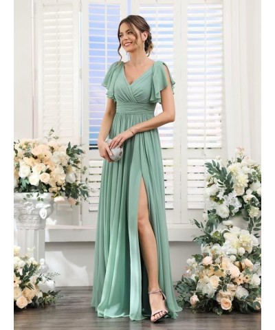 Chiffon Bridesmaid Dresses for Wedding High Slit V Neck Long Pleated Formal Maxi Gowns with Sleeves Royal Blue $26.40 Dresses