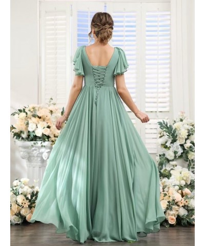 Chiffon Bridesmaid Dresses for Wedding High Slit V Neck Long Pleated Formal Maxi Gowns with Sleeves Royal Blue $26.40 Dresses