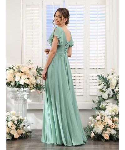 Chiffon Bridesmaid Dresses for Wedding High Slit V Neck Long Pleated Formal Maxi Gowns with Sleeves Royal Blue $26.40 Dresses