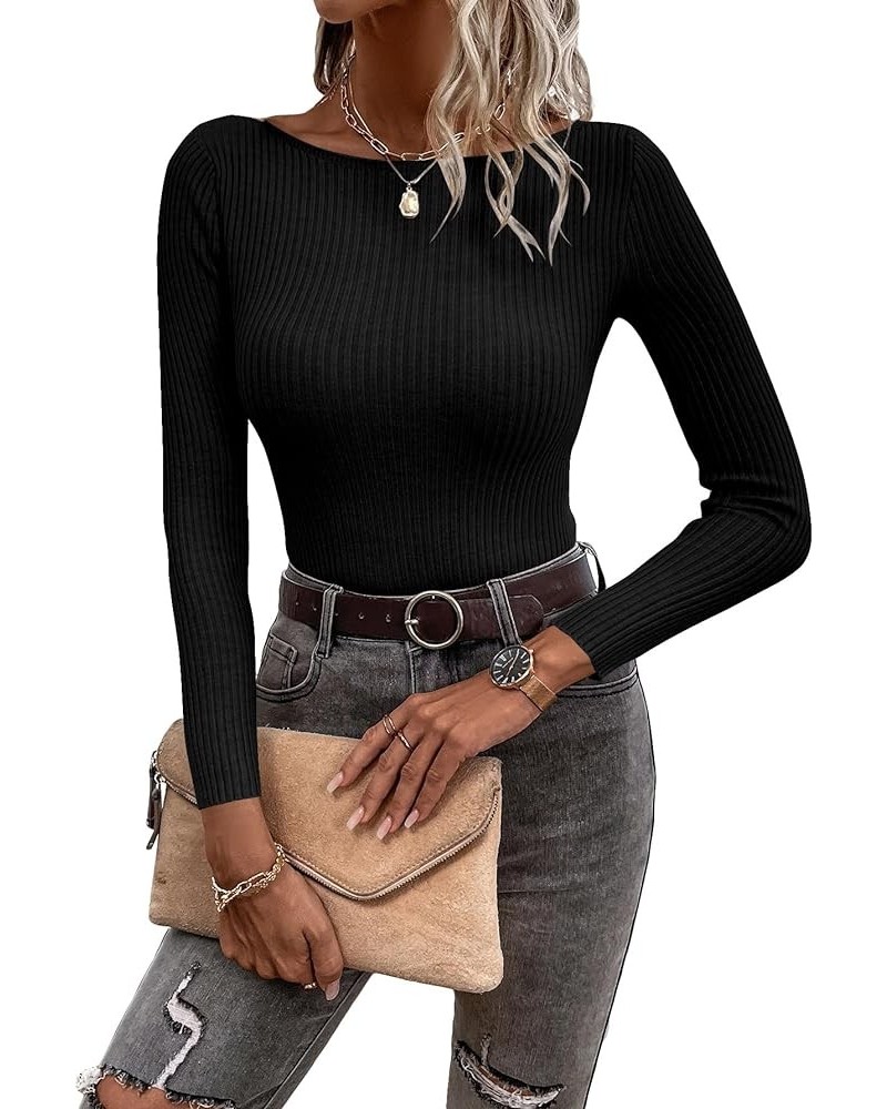 Women's Rib Knit Tee Shirts Basic Slim Fit Boat Neck Long Sleeve Tops Black $14.24 T-Shirts