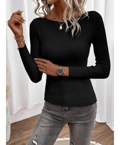 Women's Rib Knit Tee Shirts Basic Slim Fit Boat Neck Long Sleeve Tops Black $14.24 T-Shirts