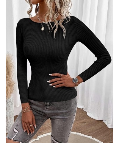 Women's Rib Knit Tee Shirts Basic Slim Fit Boat Neck Long Sleeve Tops Black $14.24 T-Shirts