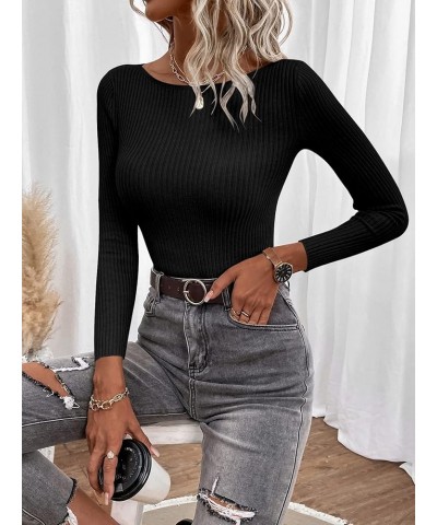 Women's Rib Knit Tee Shirts Basic Slim Fit Boat Neck Long Sleeve Tops Black $14.24 T-Shirts