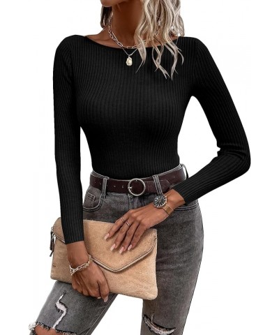 Women's Rib Knit Tee Shirts Basic Slim Fit Boat Neck Long Sleeve Tops Black $14.24 T-Shirts